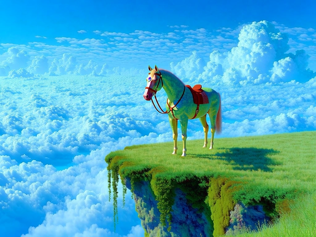surreal dreamcore landscape, vibrant green grassy cliff overlooking an endless sea of white fluffy clouds, bright blue sky with distant clouds, high saturation, sharp overhead sunlight, a horse stands peacefully wearing a leather bridle with a glowing gemstone, hyper-realistic textures of moss and hanging vines on the cliff edge, ethereal liminal space aesthetic, vertical wide shot, cinematic lighting, vivid colors, crisp painterly digital render style.