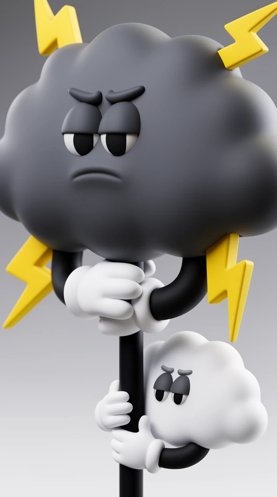 A close-up 3D render of a matte vinyl toy showing a bulbous dark grey storm cloud character with furrowed brows and heavy eyelids. Blocky yellow lightning bolts protrude from its puffy head. The figure uses tubular black arms and thick white cartoon gloves to grip a black staff. Lower on the staff, a smaller white cloud character with sleepy eyes and matching gloved hands clings to the pole. Soft diffused lighting illuminates the smooth, plastic-like textures against a seamless grey gradient background, emphasizing the high-contrast monochromatic palette and vibrant yellow accents.