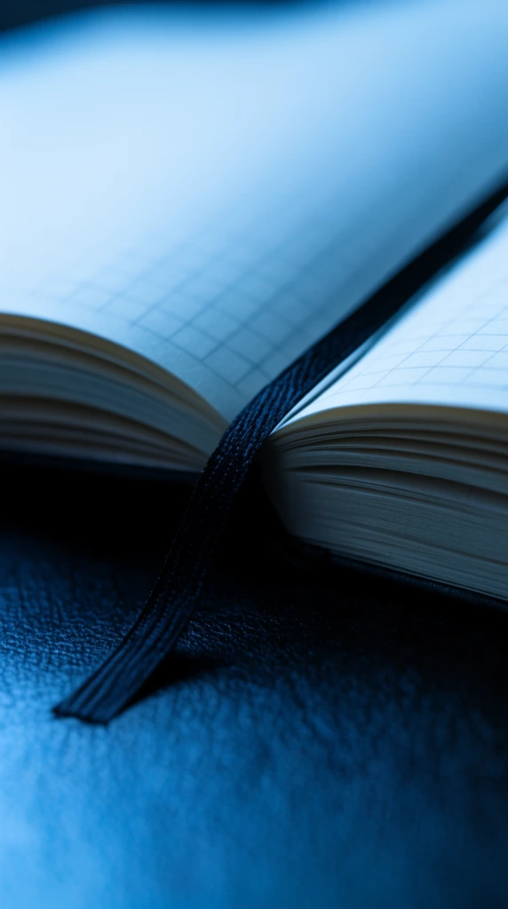 open notebook with faint grid lines, black ribbon bookmark draped over a dark textured surface, cool bluish ambient lighting, shallow depth of field, close-up photography