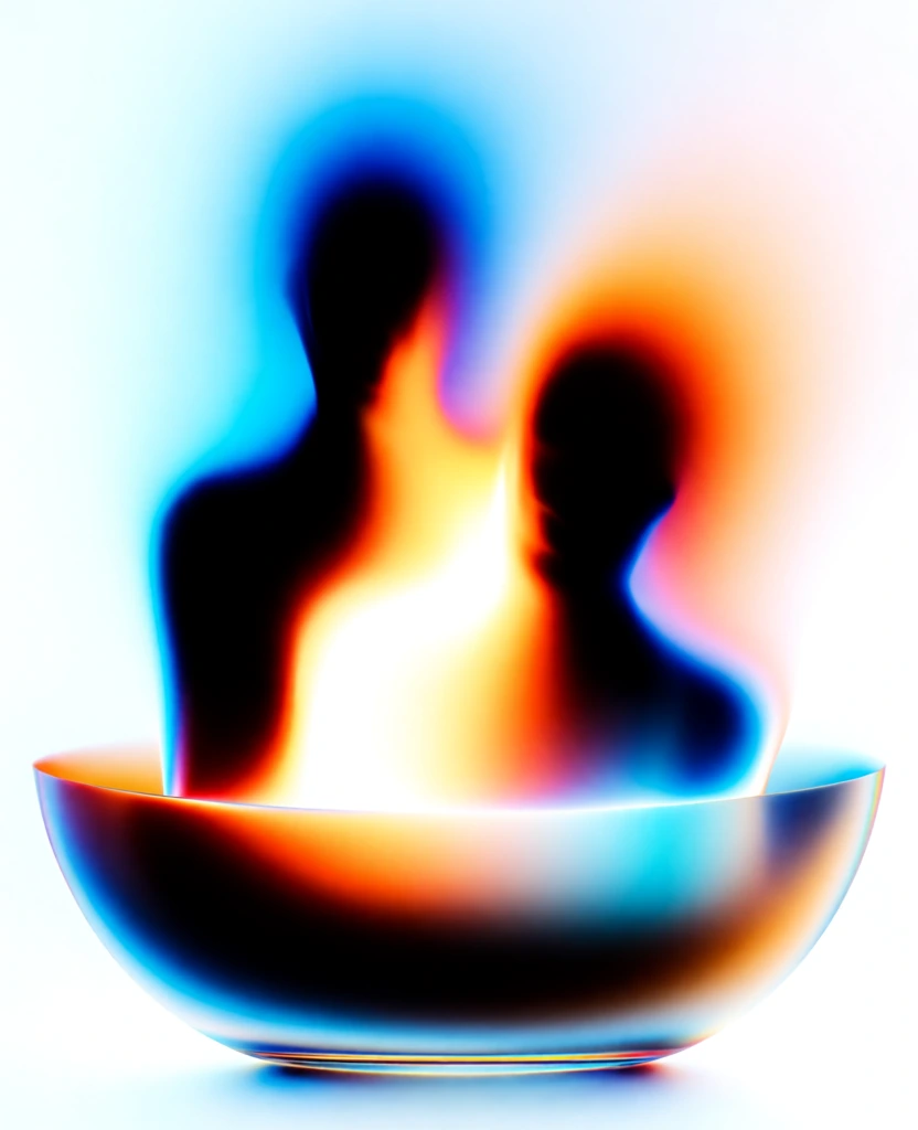minimalist silhouettes of two spectral entities within a sleek vessel on a fluid horizontal plane, high-contrast luminous glow, incandescent white-yellow cores bleeding into deep obsidian shadows, electric cyan and royal blue chromatic halos, soft radial diffusion, light-leak artifacts, ethereal liquid textures, prismatic color fringing, stark white negative space, atmospheric heat-map gradients, high-signal generative light-painting aesthetic, abstract spectral refractions.