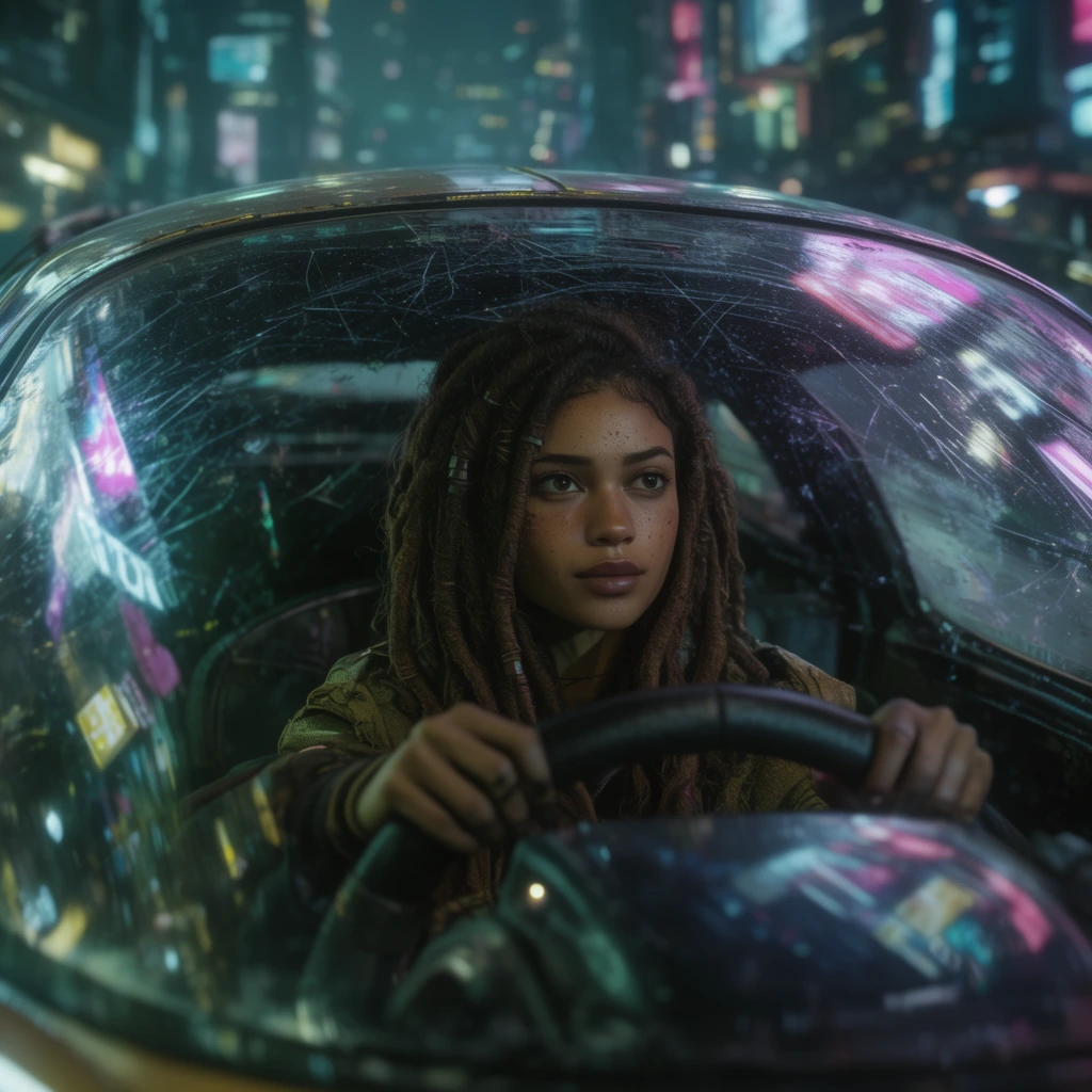 young woman with dreadlocks driving a hover-car, viewed through scratched windshield, neon cityscape reflections, cinematic lighting, shallow depth of field