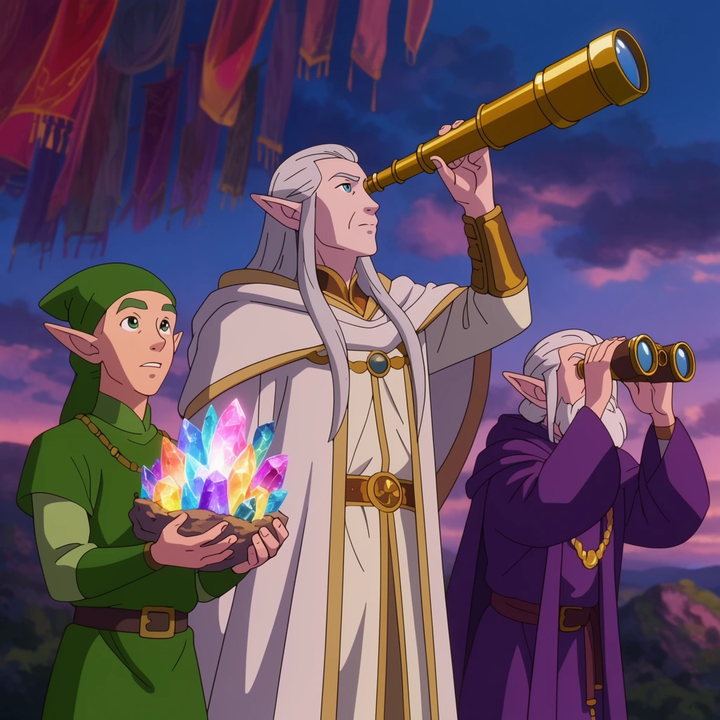Three elves observe a distant event against a dusk sky with hanging silk banners, rendered in vibrant 2D cel-shaded animation. On the left, a slender elf in a green tunic grips a bundle of glowing crystals. In the center, a tall elf lord with silver hair and white robes peers upward through a golden telescope. On the right, an elf scholar in a violet robe squints through brass binoculars.