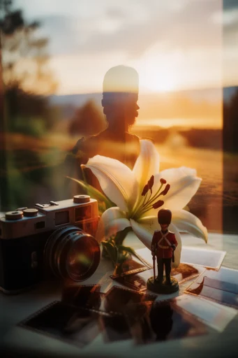 Ethereal Nostalgic Double-Exposure style reference image — golden hour lighting