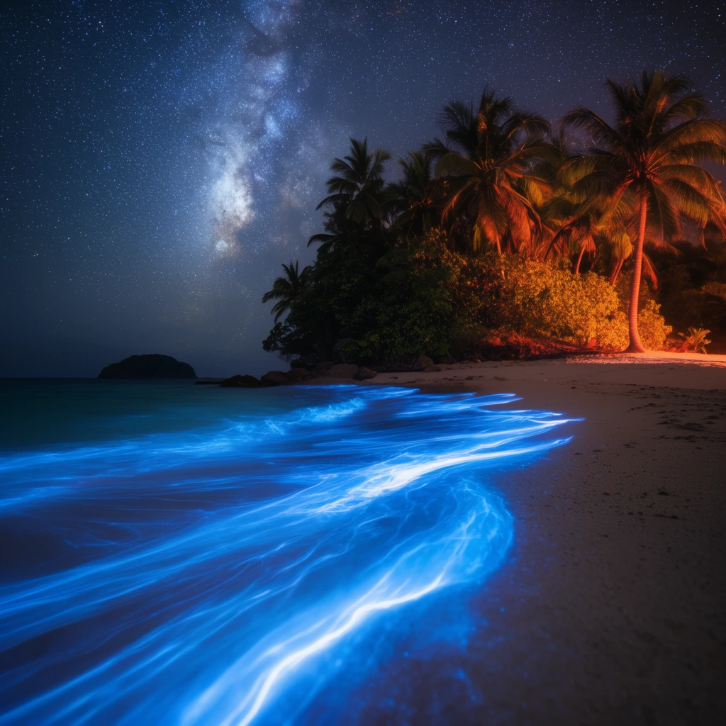 Bioluminescent neon blue waves on sandy beach, long exposure glowing streaks, tropical palm island with warm orange glow, starry Milky Way night sky