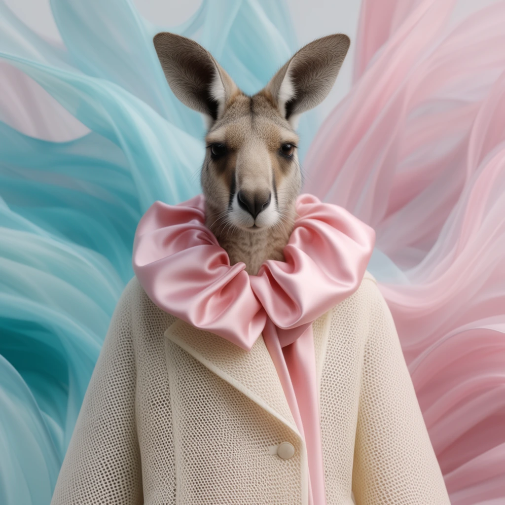anthropomorphic kangaroo-like animal portrait, wearing a structured cream-colored mesh coat with a voluminous draped pink satin collar, set against abstract flowing ribbons of pastel cyan and pink, surreal avant-garde fashion editorial, hyper-realistic 3D render, soft diffuse lighting, centered composition