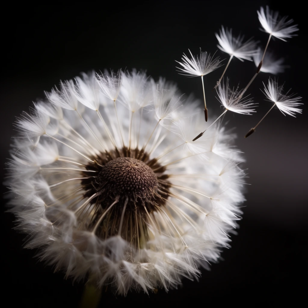 A macro photograph of a dandelion seed head against a stark black background. The central disc is a textured, dark brown dome ringed by a halo of delicate, translucent white seeds radiating outward. Several individual seeds, resembling tiny parachutes, are captured in mid-air, floating away from the main cluster toward the upper right. The lighting is soft and directional, highlighting the intricate, gossamer structures of the seeds and casting subtle shadows within the central core. The shallow depth of field keeps the foreground and floating seeds sharp while the background fades into a smooth, dark blur.