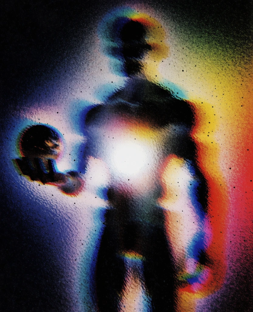 lo-fi experimental photography, heavy stippled texture with digital noise, high-contrast silhouette of a muscular humanoid figure holding a sphere in its palm, central overexposed white light, saturated chromatic bleed with warm yellow and red gradients on the right and cool blue shadows on the left, blurred hazy edges, chromatic aberration, gritty dithered aesthetic, ethereal dreamlike atmosphere, distorted scanned film quality, minimalist composition, grainy high-contrast finish.