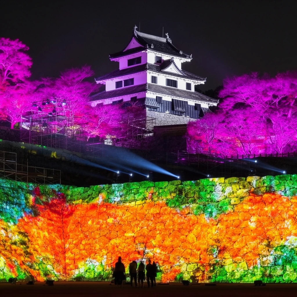 A traditional Japanese castle with white walls and dark sloped roofs is illuminated against a pitch-black night sky. Below the keep, ancient stone retaining walls are transformed by a vibrant multi-colored digital light projection glowing in intense fiery orange, yellow, and vivid green. Surrounding trees are bathed in striking neon magenta light. Small silhouetted figures stand at the base of the vividly patterned wall. Scaffolding and spotlights cast sharp beams across the terraced grounds, creating a dramatic juxtaposition of historic architecture and highly saturated immersive light art.