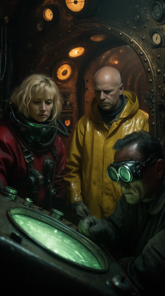 Three researchers inside a dark, claustrophobic submarine interior examine a glowing green console. A blonde woman in a heavy crimson dive suit stands beside a bald man in a yellow slicker. On the right, a man wearing large metal goggles sits in shadow. The deep-sea cabin features riveted bronze walls and glowing amber dials. Cinematic framing with intense moody lighting and muted colors.