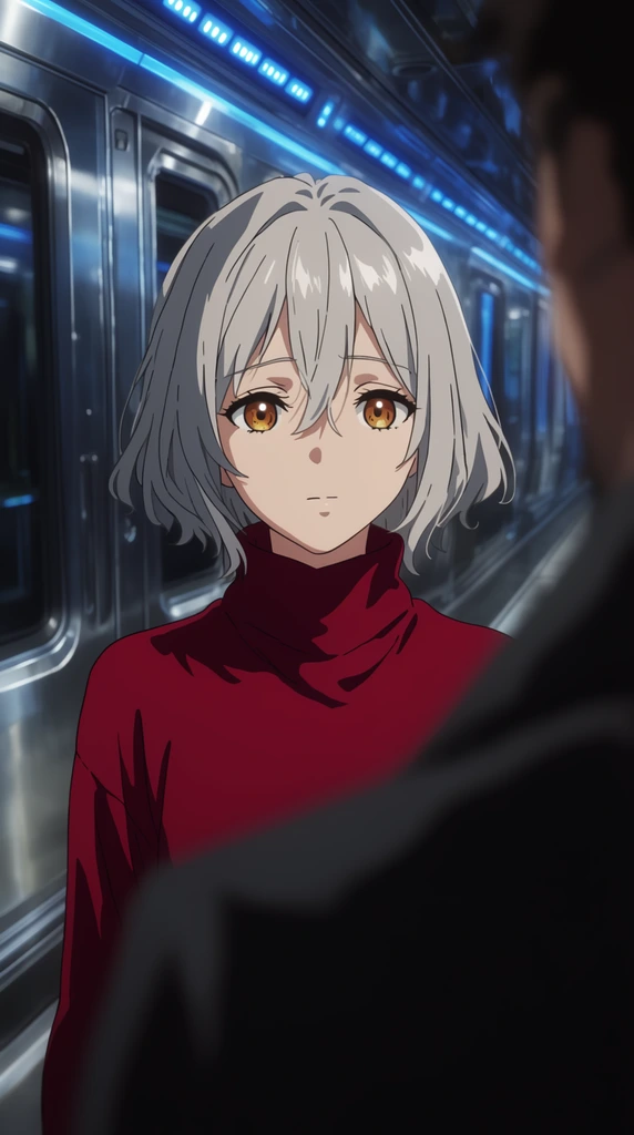 An over-the-shoulder anime shot focuses on a young woman with short silver hair and bright amber eyes wearing a crimson turtleneck. She displays a soft, melancholic expression. A blurred dark silhouette faces her in the foreground. The background features a sleek metallic futuristic subway car illuminated by glowing blue LED panels, rendered with cinematic lighting and crisp cel shading.