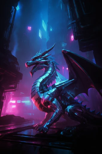 Atmospheric Neon Dystopia style reference image — rain-slicked urban canyons