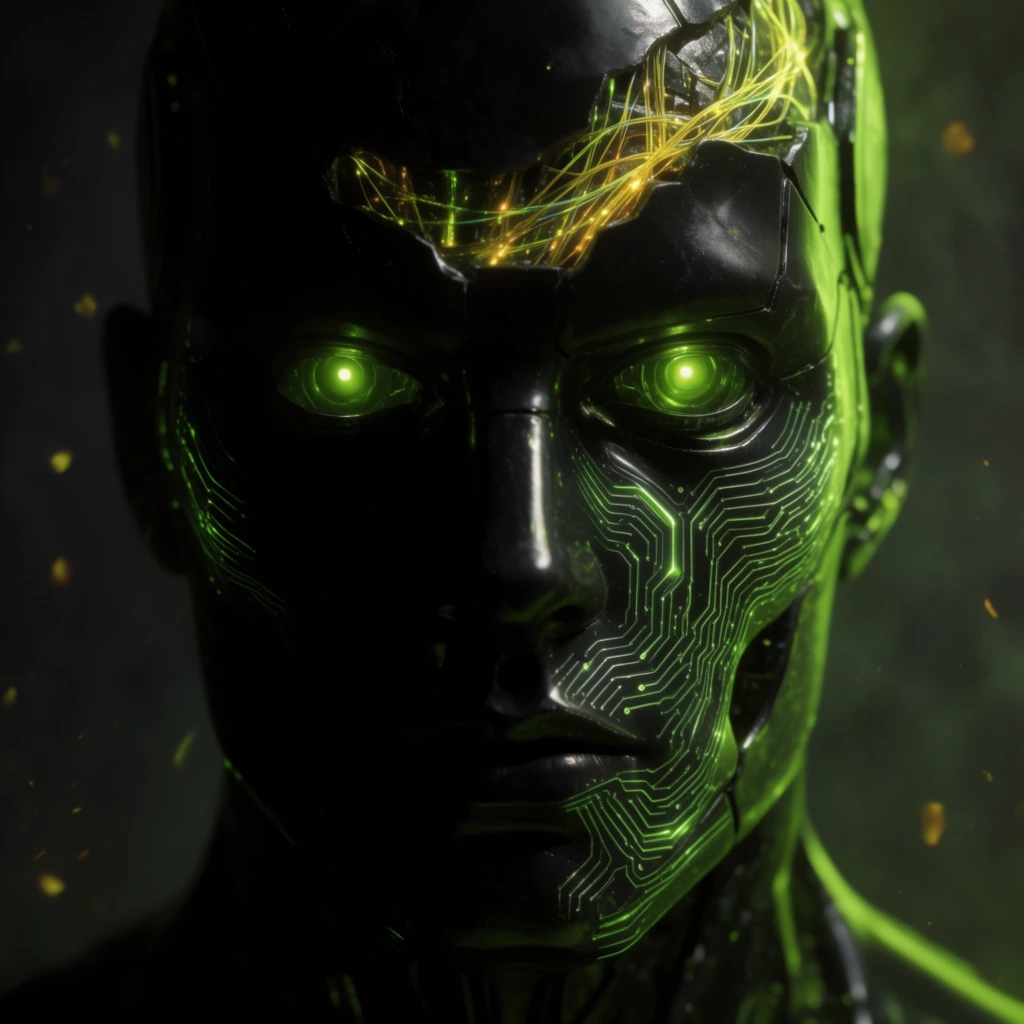 A close-up portrait of an obsidian-plated bio-mechanical android with glowing toxic green optical sensors. The dark metallic face is etched with intricate, bioluminescent green circuitry spanning the cheeks and jaw. A jagged, exposed panel across the forehead reveals sparking neon-yellow fiber optics beneath the synthetic skin. Half of the android's face is obscured in heavy, pitch-black shadow, creating a stark chiaroscuro effect. Harsh neon green rim lighting illuminates the synthetic features against a smoky, dark background filled with out-of-focus floating embers. The tightly cropped composition is intensely moody and cinematic.