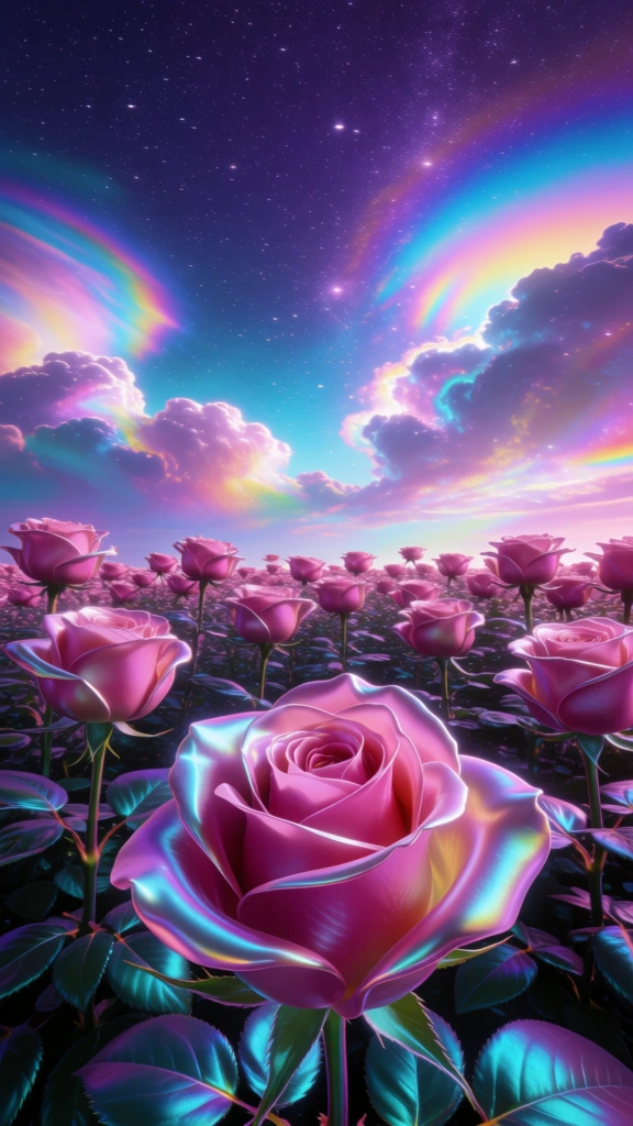 A surreal, vibrant field of blooming pink roses stretches toward a cosmic horizon under an iridescent, star-filled night sky. In the immediate foreground, a single, large rose is captured in sharp focus, its petals swirling in shades of magenta and soft pink with shimmering cyan highlights on their curved edges. Surrounding this central flower and receding into the distance are dozens of similar roses, all in full bloom, supported by deep green stems and leaves that reflect iridescent teal and purple light. The flowers possess a smooth, lustrous texture that gives them an almost metallic or liquid-like sheen. Above the floral field, the sky transitions from a deep indigo-violet at the zenith to a luminous glow near the horizon. This celestial expanse is densely packed with tiny white stars and dominated by large, billowing clouds that display a prismatic, rainbow-like effect with streaks of cyan, magenta, and yellow. These clouds resemble glowing nebulae, casting an ethereal, multi-colored light over the entire landscape. The image uses a low-angle perspective, making the roses appear tall and majestic against the vast sky. The color palette is highly saturated and dominated by neon-adjacent shades of pink, teal, and deep purple, contributing to a dreamlike and fantastical digital art style.