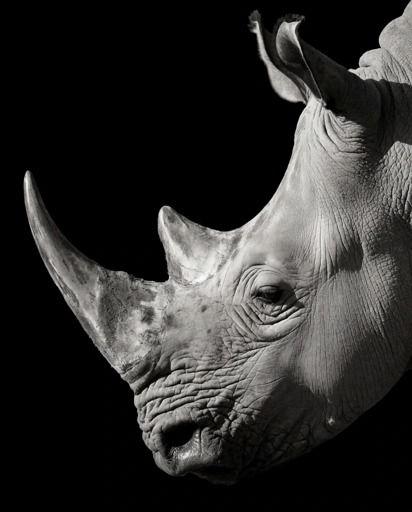 A dramatic black and white close-up profile portrait of a rhinoceros head against a dark void. Stark side lighting highlights deep wrinkles, rough leathery skin folds, and a long curved front horn alongside a smaller secondary horn. A single dark eye is captured in sharp, high-contrast focus.