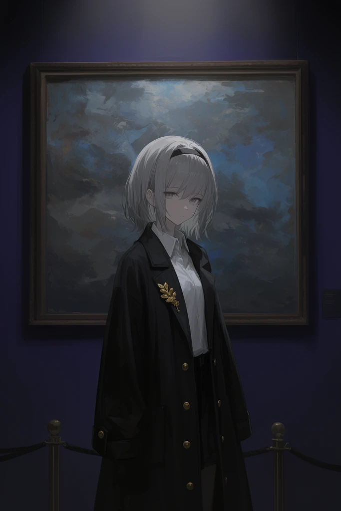 A young woman with short silver hair and a thin black headband stands quietly in a dimly lit art gallery. She wears an oversized, unbuttoned black overcoat with gold buttons and a gold leaf brooch over a white collared shirt. Her pale face holds a calm, introspective expression. A museum stanchion with a dark rope crosses the lower foreground. Behind her, a large framed painting hangs on a deep indigo wall, displaying a turbulent, abstract sky in moody blues and grays. Soft overhead lighting creates a subtle spotlight effect, illuminating her hair and the center of the canvas while casting deep shadows across the room. The composition combines delicate anime-inspired character stylization with a rich, painterly environment, driven by a desaturated, melancholic color palette.