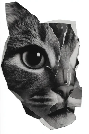 Monochrome Surrealist Collage style reference image — tactile paper texture