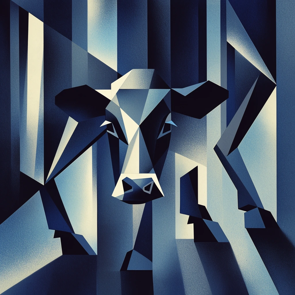 A geometric, Cubist-style illustration of a fragmented cow head and disconnected sets of legs, constructed entirely from overlapping angular planes and rigid polygons. The stylized bovine head is centrally positioned, composed of sharp triangles and intersecting geometric facets, rendered in a high-contrast monochromatic palette of deep navy blues, slate grays, and stark off-white highlights. Surrounding the head, multiple disjointed sets of rigid, angular legs extend outward, formed by harsh diagonal bars, sharp rectangles, and trapezoids. The background features a structured labyrinth of towering vertical stripes, interlocking monolithic geometric blocks, and sweeping diagonal beams that fragment the space. The entire image is defined by a heavy, stippled grain texture characteristic of vintage airbrush techniques. Smooth shading gradients within individual flat shapes create an illusion of depth, while dramatic, sharply defined shafts of pale icy blue and cream light slice through the deep shadows, establishing a striking Art Deco and Constructivist visual rhythm.