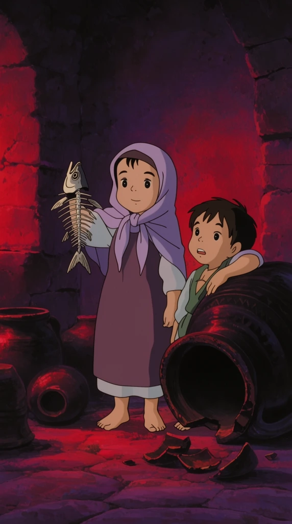 two barefoot children in a shadowy stone alcove, young girl in a lavender headscarf holding up a fish skeleton, small boy leaning against a massive broken dark ceramic jug, scattered pottery pieces, intense crimson and deep purple ambient lighting, traditional 2D cel animation