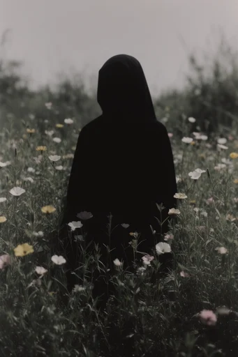 Cinematic Monochrome Minimalism style reference image — shrouded figure