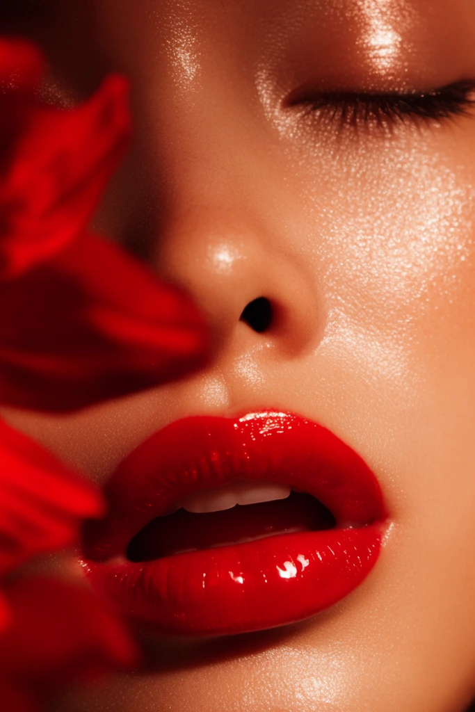 extreme close-up beauty portrait, glossy vivid red lips slightly parted, dewy glowing skin, closed eye, out-of-focus red flower petals in foreground, high-fashion macro photography, dramatic warm lighting