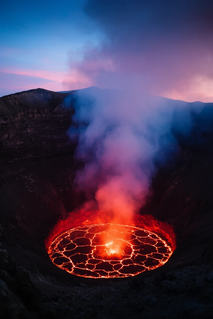 glowing circular lava lake in a massive dark volcanic crater, bright orange molten rock webbing through black crust, towering thick smoke plume bottom-lit by fiery red glow fading to cool purple above, steep rugged rocky walls in deep shadow, deep blue and soft pink twilight sky, high-angle wide shot, dramatic high contrast natural lighting, ethereal atmospheric landscape photography