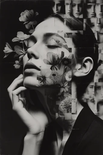 Fragmented Monochromatic Surrealism style reference image — film grain texture