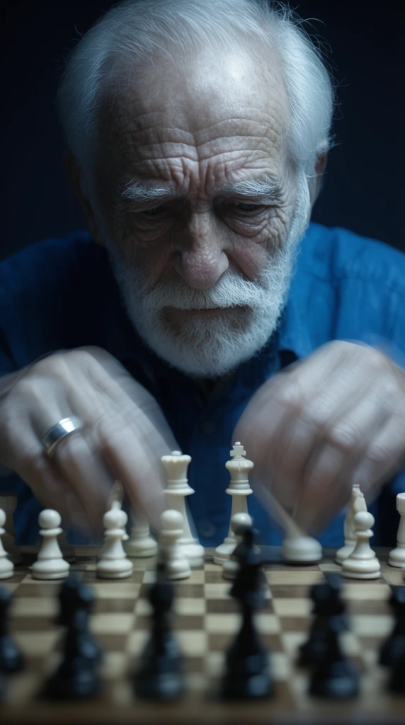 An elderly man in a blue shirt with a white beard and deeply wrinkled face leans over a wooden chessboard. His hands, one wearing a silver ring, blur with rapid motion as he shifts the white pieces. Out-of-focus black pieces fill the foreground. Dramatic cool-toned lighting and a dark background illuminate his sharply focused expression.