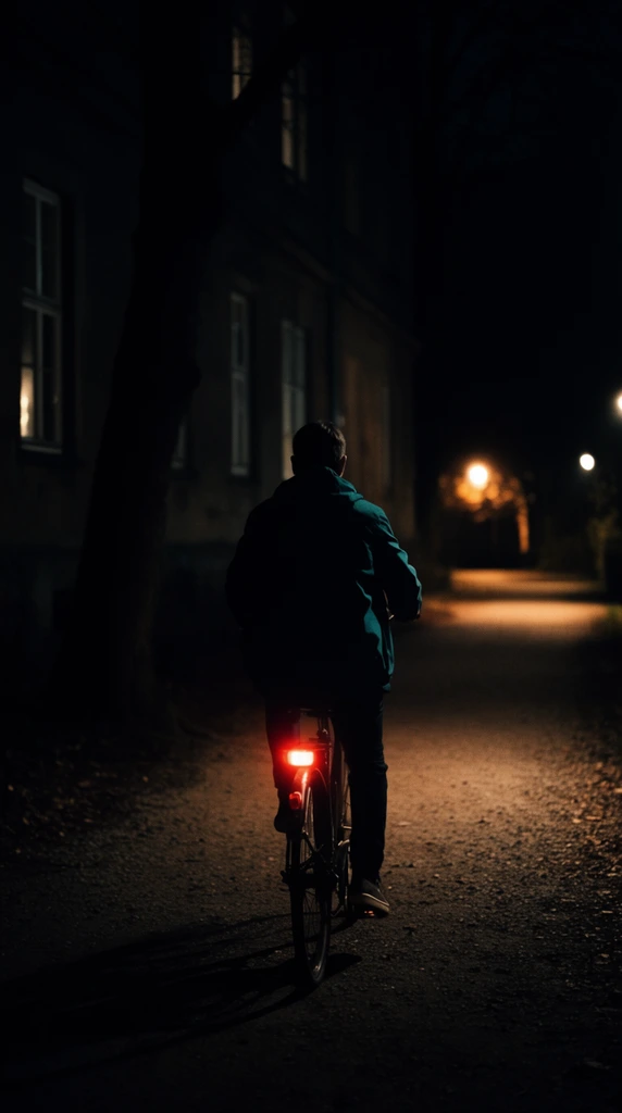 lone figure riding a bicycle away down a shadowy dirt path at night, bright red rear bike light glowing, silhouetted rider in a dark teal jacket, looming dark building on the left with dimly lit windows, thick tree trunk silhouette, distant warm streetlights illuminating a bend in the gravel pathway, cinematic night photography, low key lighting, deep shadows, moody atmosphere, high contrast, shallow depth of field