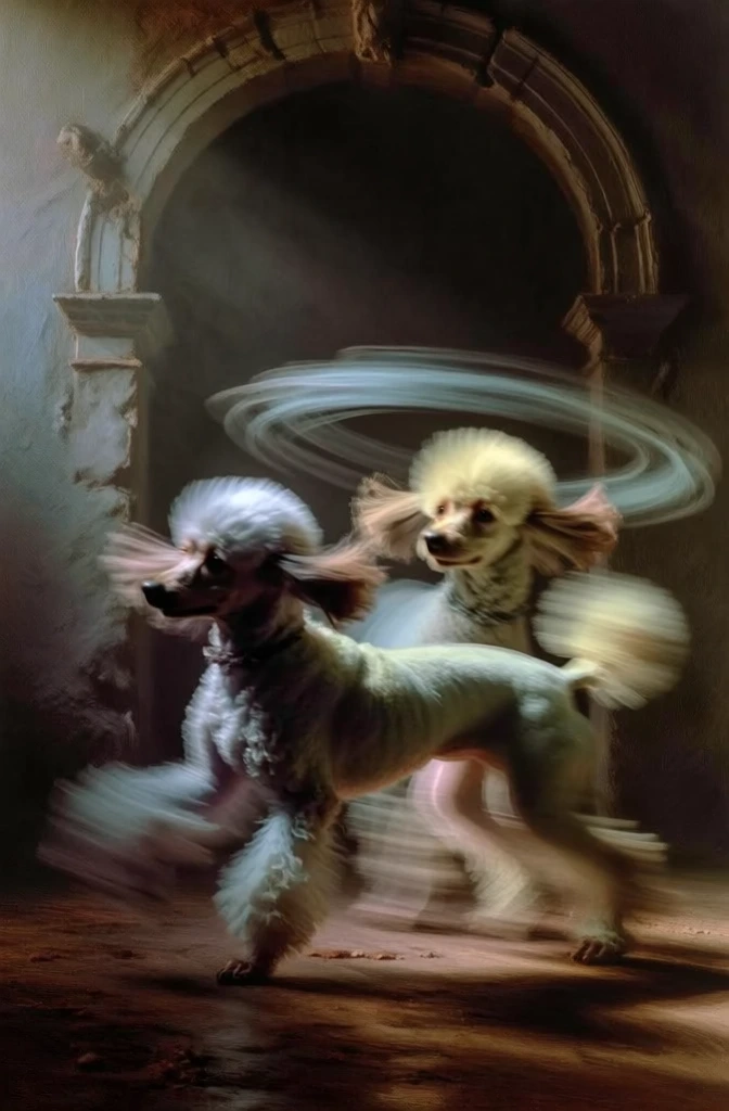 long exposure photography of two toy poodles spinning before a weathered stone archway, ethereal motion blur and ghostly light trails capturing dynamic circular movement, dramatic chiaroscuro lighting with deep shadows and soft highlights, muted painterly color palette of desaturated creams and silvers, grainy film texture, dreamlike romantic aesthetic, soft focus edges, classical oil painting composition, high-contrast atmospheric mood, ethereal timeless quality.