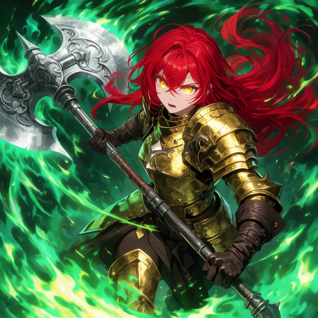 anime female warrior with flowing crimson hair and glowing golden eyes, wielding a massive silver battle axe, heavy golden knight armor, dark leather gauntlets, dynamic action pose, surrounded by swirling emerald green fire and glowing energy trails, intense magical aura, high contrast digital illustration