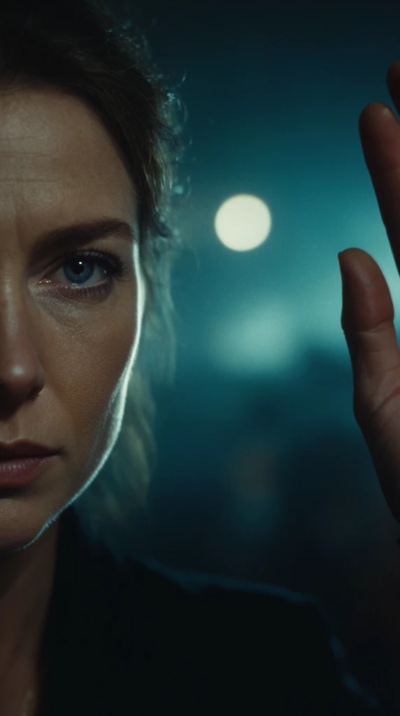 Extreme close-up of the left half of a woman's face with a prominent blue eye and serious expression, positioned against the far left edge. Two fingers of a raised hand are visible on the far right edge. A dark, moody background dominated by deep teal and cyan tones fills the center space. A single bright circular bokeh light glows in the soft-focus distance. Dramatic cinematic lighting creates high contrast with deep shadows and a sharp rim light along her jawline. Shallow depth of field isolates the sharp facial details against the blurred, atmospheric backdrop.