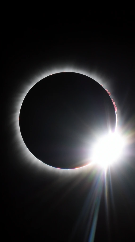 A perfectly round black silhouette of a solar eclipse dominates a pitch-black expanse, haloed by a faint white corona. A blinding burst of pure white light erupts at the lower right edge, creating a brilliant diamond ring effect. Sharp lens flare rays streak downward from the intense flash. Tiny reddish-pink solar prominences cling to the rim beside the bright illumination, captured in stark, high-contrast astrophotography.