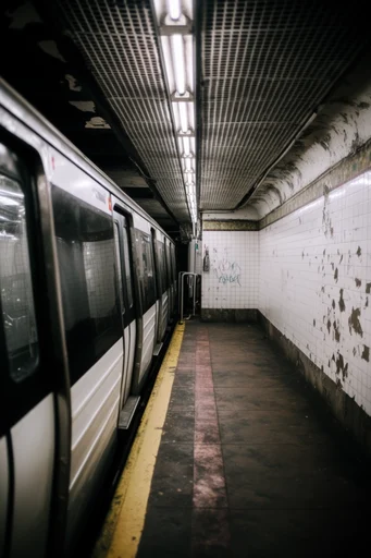 Dystopian Transit Noir style reference image — cyberpunk subway station