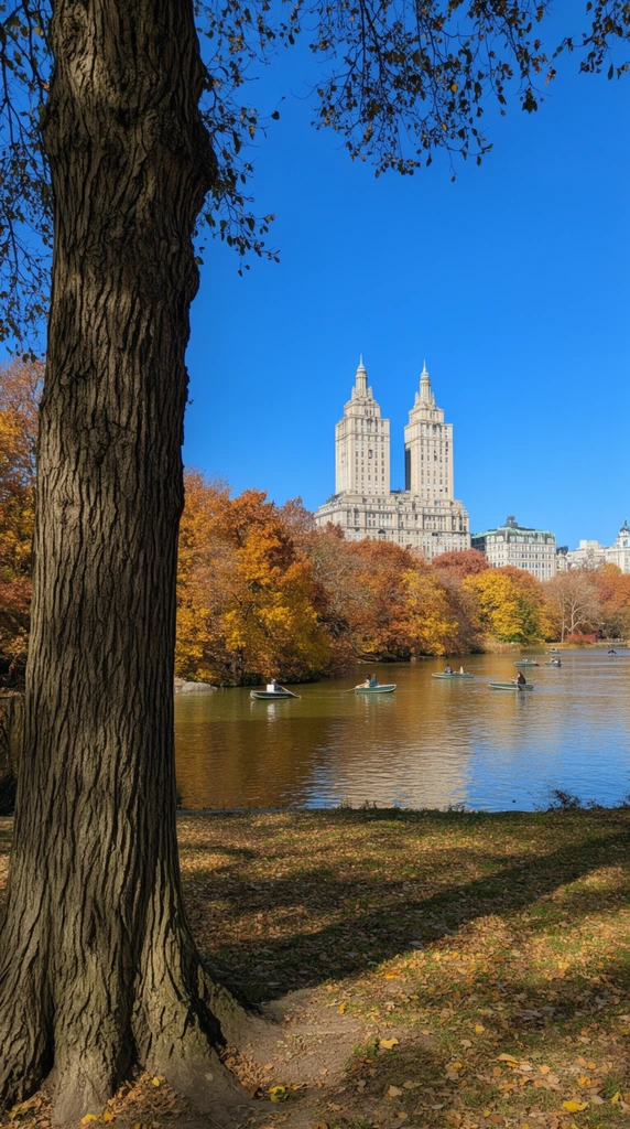A heavily textured tree trunk in the left foreground casts a shadow over a leaf-strewn grassy bank, naturally framing a tranquil autumn park scene. A calm lake reflects a brilliant, cloudless blue sky, dotted with small green rowboats carrying distant figures. The opposite shoreline features a dense canopy of rich fall foliage in shades of golden yellow, burnt orange, and deep brown. Rising behind the vibrant treeline is a prominent light-colored skyscraper with two identical classical towers and pointed spires. The crisp daylight composition uses a wide depth of field and the rough bark of the tree to contrast the peaceful boating activity with the distant urban architecture.