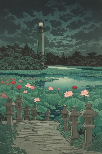 Atmospheric Shin-Hanga Nocturnes style reference image — hasui kawase inspired