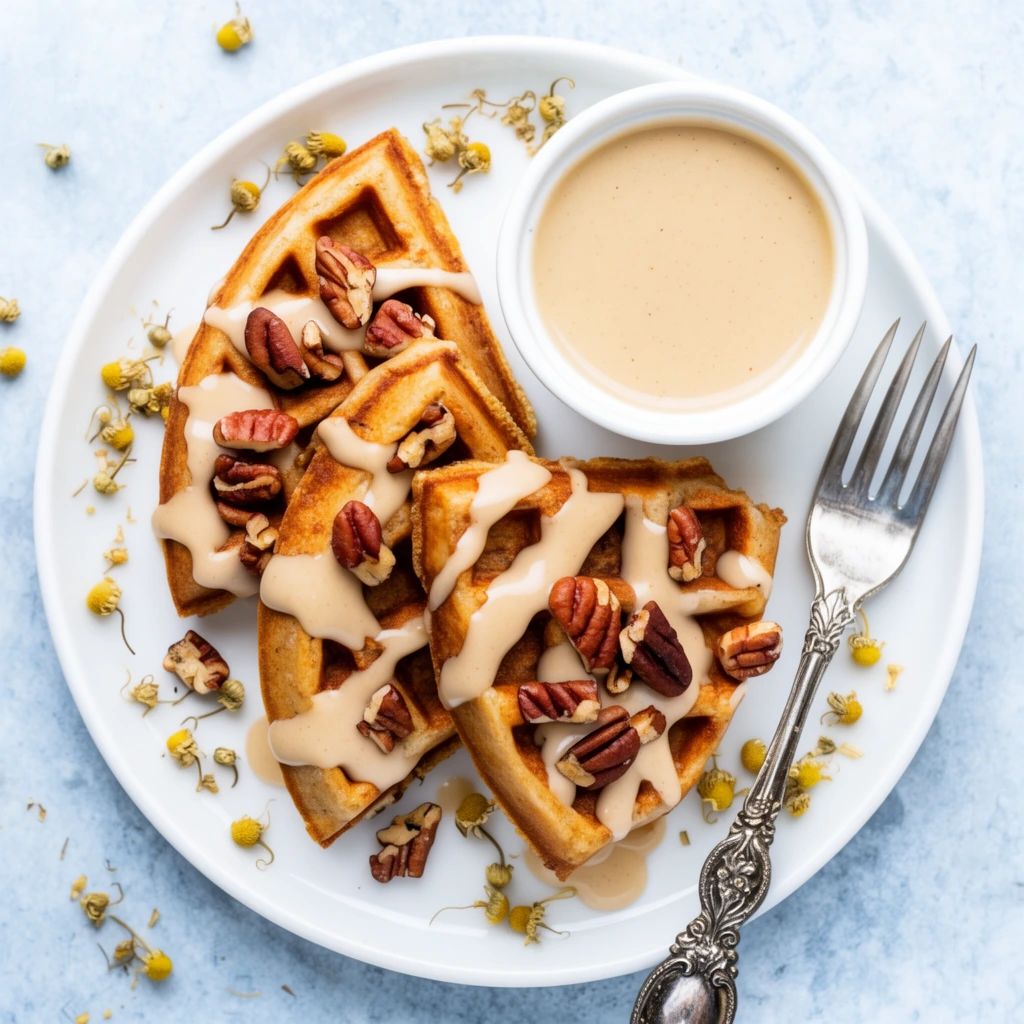 top-down flat lay of golden-brown waffle quarters on a white plate, thick tan glaze drizzle, toasted pecans, scattered dried chamomile buds, white ramekin filled with creamy sauce, ornate vintage silver fork, light blue-grey stone background, bright diffused daylight, macro food photography, crisp textures