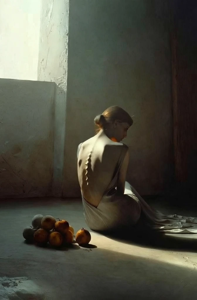 muted cinematic still life, low-key lighting, woman with an exposed spine in a minimalist backless gown seated on a concrete floor, adjacent to a rustic arrangement of bruised stone fruit, hard directional side-lighting from an unseen high window, heavy film grain, desaturated palette of deep browns and dusty greys, vermeer-inspired chiaroscuro, tactile plaster wall textures, soft focus, quiet atmospheric haze, 35mm analog aesthetic, moody and contemplative composition