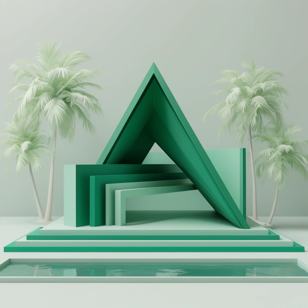 A minimalist 3D rendering of a geometric pavilion in monochromatic mint and emerald green. A sharp triangular roof interlocks with layered rectangular planes on stepped platforms. Synthetic pale green palm trees frame the structure behind a rectangular pool. Soft diffused lighting highlights smooth matte textures against a seamless pale sage background.