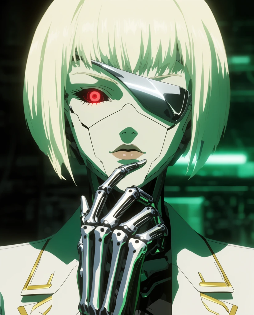 Close-up portrait of a female cyborg in 2D anime style, platinum blonde bob, glowing red cybernetic eye, sleek silver eyepatch, white blazer with gold accents, tapping her chin with a chrome skeletal finger, geometric seam lines on pale skin, sharp cel-shaded shadows, high-contrast emerald green and stark white neon lighting, dark blurred technological background, cinematic framing