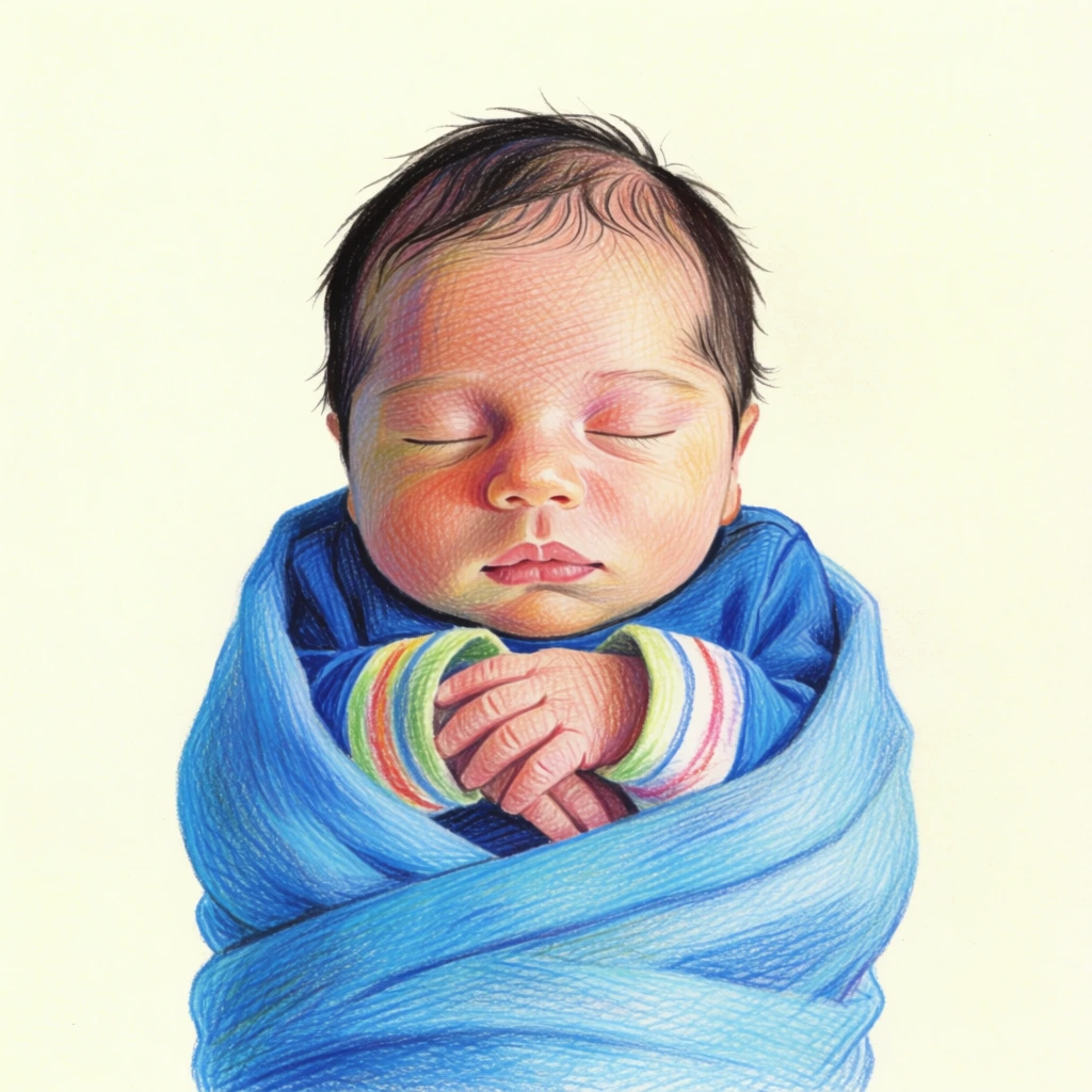sleeping newborn baby swaddled in a vibrant blue blanket, wearing a blue shirt with striped cuffs, closed eyes, warm delicate skin tones, dark hair, isolated on pale cream background, detailed colored pencil illustration, expressive cross-hatching technique, visible fine linear strokes, realistic shading