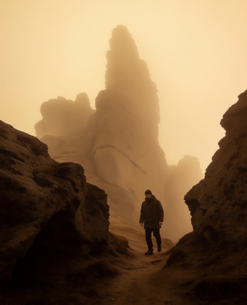 A lone figure wearing a dark, hooded coat and trousers walks along a rugged, earthen path through a narrow passage between two towering, craggy rock walls. The person is positioned in the lower center, moving toward the right while facing the distance. The foreground rock formations are dark, textured with jagged edges and deep shadows, creating a natural frame for the scene. In the background, a massive, vertical rock spire rises sharply into a thick, monochromatic amber mist that obscures the horizon and sky. The entire landscape is bathed in a warm, sepia-toned light that creates a high-contrast transition from the deep blacks of the foreground rocks to the hazy, glowing yellow of the distant atmosphere. The camera angle is slightly low, emphasizing the scale of the soaring rock pinnacle and the surrounding cliffs. The composition uses a frame-within-a-frame technique, focusing all attention on the hiker and the distant, silhouetted spire amidst the dense fog.