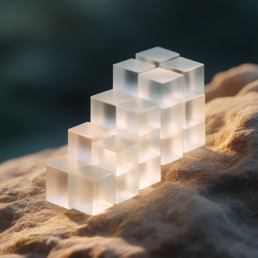 translucent frosted glass cuboids arranged in a stepped formation, resting on rough undulating sand-colored rock, illuminated by warm directional sunlight, glowing subsurface scattering, sharp geometric edges, macro photography perspective, extremely shallow depth of field, smooth blurred dark teal background, photorealistic 3D render