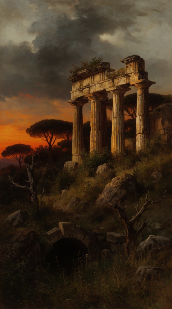 A classical painting of ancient temple ruins on a rugged hillside beneath a dramatic sunset. Weathered, fluted stone columns support a broken architrave overgrown with wild shrubs. The structure overlooks a shadowed foreground of tall grasses, boulders, a partially buried stone archway, and dead, gnarled trees. Behind the ruins, dark silhouettes of umbrella pines contrast against a fiery orange horizon fading into heavy, turbulent grey clouds above. Warm golden light illuminates the right face of the decaying pillars, emphasizing rich textures against the deep shadows of the untamed landscape.