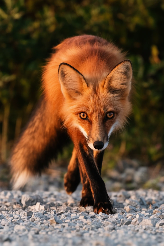 wild red fox walking forward in a low crouch, intense direct gaze, thick rusty orange fur, black legs crossing mid-stride, heavy bushy tail, light gray rocky gravel foreground, blurred dark green bushes in background, warm golden hour sunlight, sharp focus on the face, telephoto wildlife photography, shallow depth of field