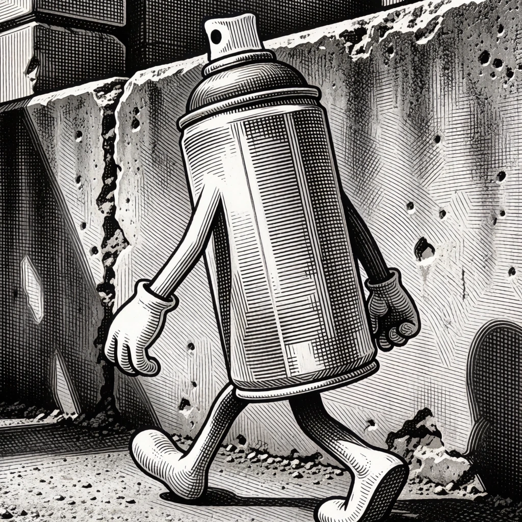 a full-body composition of an anthropomorphic spray paint can character with expressive limbs walking along a concrete wall, executed in a meticulous woodcut engraving aesthetic, defined by undulating parallel lines and complex cross-hatching that maps the form and volume, high-contrast black and white monochromatic palette, textures of the stone and metal surfaces rendered through rhythmic linework and varying stroke weights, classical etching technique applied to a surreal urban subject.