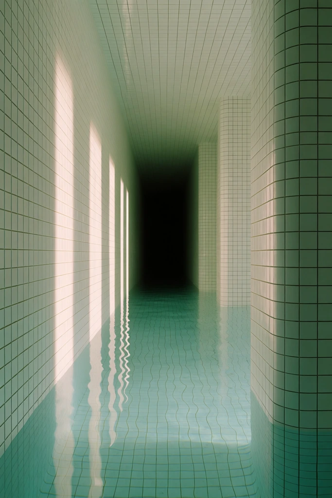 A surreal flooded architectural interior features thick walls with rounded corners covered completely in small white square tiles with dark grout. Pristine gently rippling aquamarine water fills the floor, revealing the submerged tile grid beneath. A narrow corridor extends straight back into a deep pitch-black void. Along the left wall, evenly spaced vertical bands of pale warm light cast stark elongated reflections across the glossy water. The dreamlike liminal space uses one-point perspective to draw the eye down the passage, contrasting the brightly illuminated foreground with the heavy shadows of the distant hallway in a muted palette of pale greens, crisp whites, and cyan.