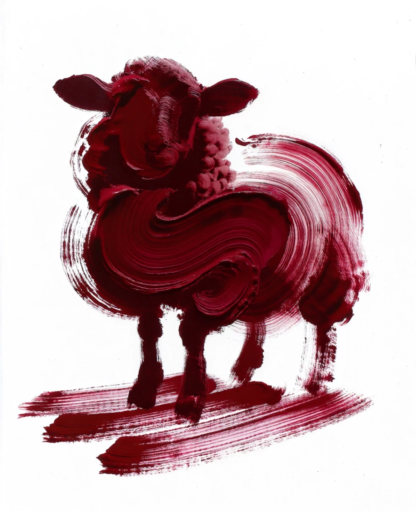 kinetic gestural abstraction of a single sheep on a grated floor, rendered in thick oxblood crimson impasto on a clinical white ground, sheep silhouette defined by heavy circular swirled brushstrokes mimicking wool texture, floor depicted as rhythmic parallel linear sweeps, visible bristle striations, wispy dry-brush edges, high-contrast graphic minimalism, raw energetic mark-making, visceral fluid motion, monochromatic palette, centered vertical composition, tactile oil texture.