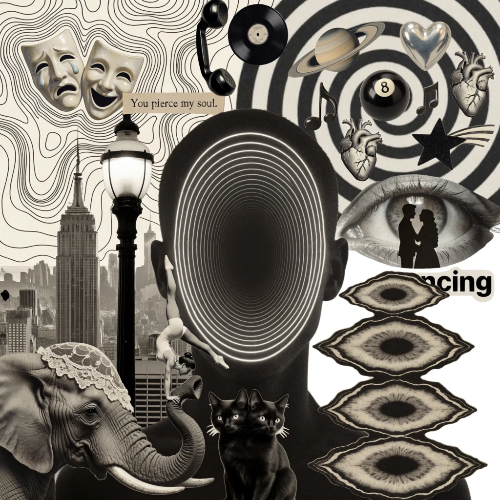 A surreal monochromatic collage features a central human-shaped head filled with white concentric oval lines that create a deep, hypnotic tunnel effect against a dark background. To the left of the head, a black vintage street lamp with a glowing white globe stands tall before a grainy, sepia-toned image of the Empire State Building and other city skyscrapers. In the upper-left corner, two pale, stylized theater masks—one crying and one smiling—are nestled among dense, flowing black topographical lines that meander across a cream-colored background. A black vintage telephone receiver hangs vertically from the top center near a small black vinyl record. The upper-right quadrant is dominated by a large black and white spiral containing several small icons, including the planet Saturn, a silver heart, two musical notes, a black billiard 8-ball, a realistic human heart, and a black shooting star. Below the spiral sits a large, detailed human eye, where a dark silhouette of a couple stands within the pupil. In the lower-left corner, an elephant's head in profile wears a decorative lace cap, while a female acrobat in a white leotard performs a handstand on the tip of its trunk. Beside the elephant sits a small black cat with two distinct heads, both facing forward with yellow eyes. A vertical stack of four almond-shaped organic forms with dark, iris-like centers and layered, jagged edges rises on the lower-right side. A small, tan paper strip near the theater masks contains the typed text "You pierce my soul." in a black serif font. Further down on the right, the letters "ncing" are visible in a bold, black sans-serif font on a white background. The composition is a dense, layered assembly of vintage cutout imagery, utilizing a high-contrast palette of black, white, and sepia tones to create a dreamlike, surrealist aesthetic with a grainy, mixed-media texture.