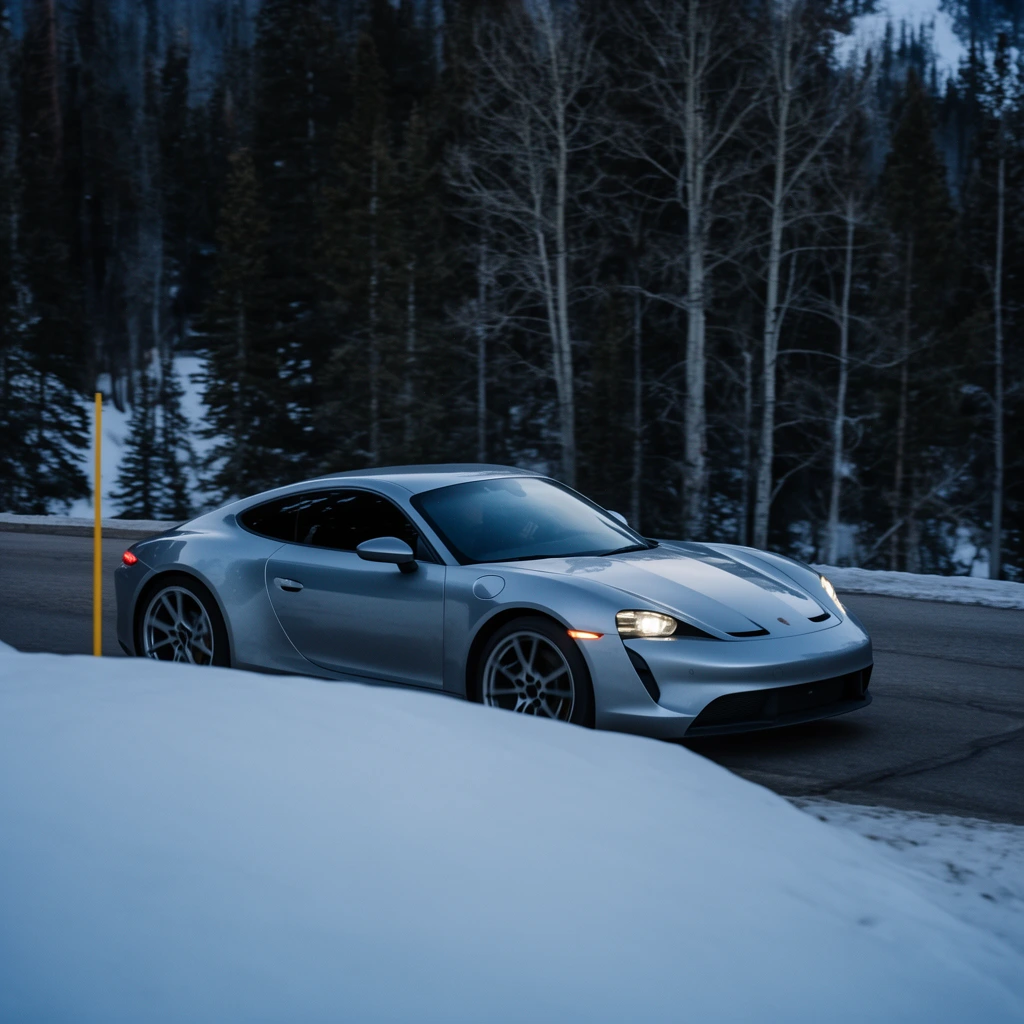 sleek silver sports car driving on a paved mountain road, partially obscured by a smooth white snowbank in the foreground, dense dark pine forest in the background, tall bare trees and evergreens, twilight winter atmosphere, cool blue and gray color palette, cinematic moody lighting, telephoto lens compression, glowing headlights, yellow snow pole near rear wheel