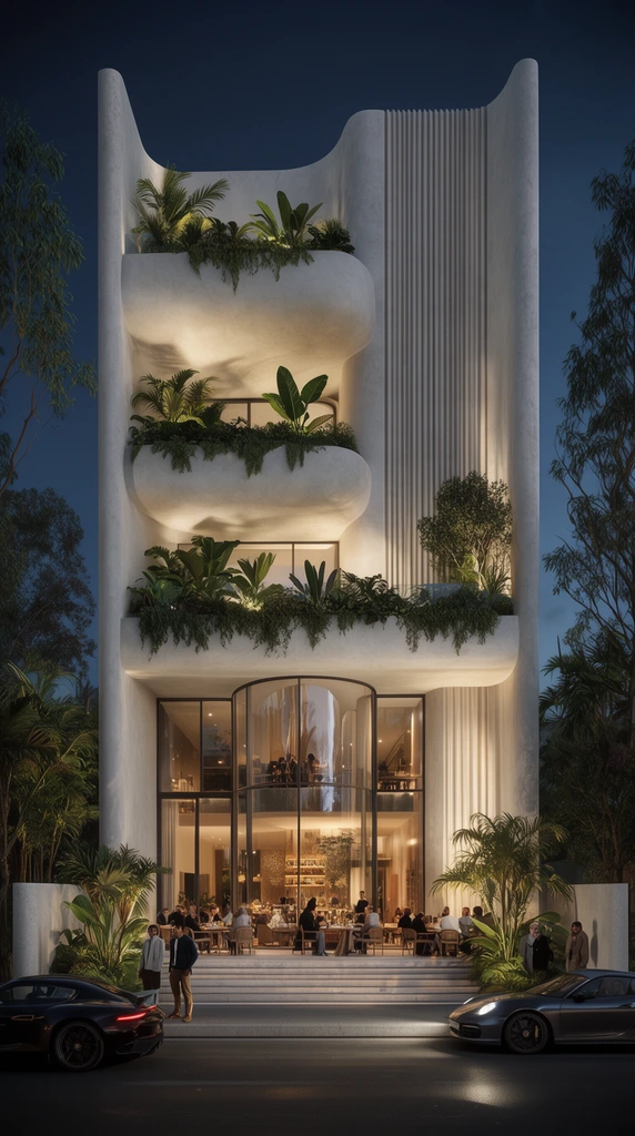 modern luxury building exterior at twilight, smooth white concrete facade with curved edges, deep balconies overflowing with lush tropical plants, vertical fluted wall panels, warmly illuminated ground floor restaurant, floor-to-ceiling curved glass windows, patrons dining and gathering near wide steps, dark street with parked sports cars, tall trees, architectural visualization, photorealistic rendering, warm interior lighting contrasting against deep blue night sky